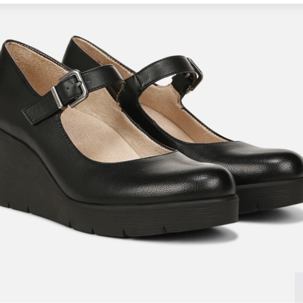 Black Leather Wedge Mary Janes